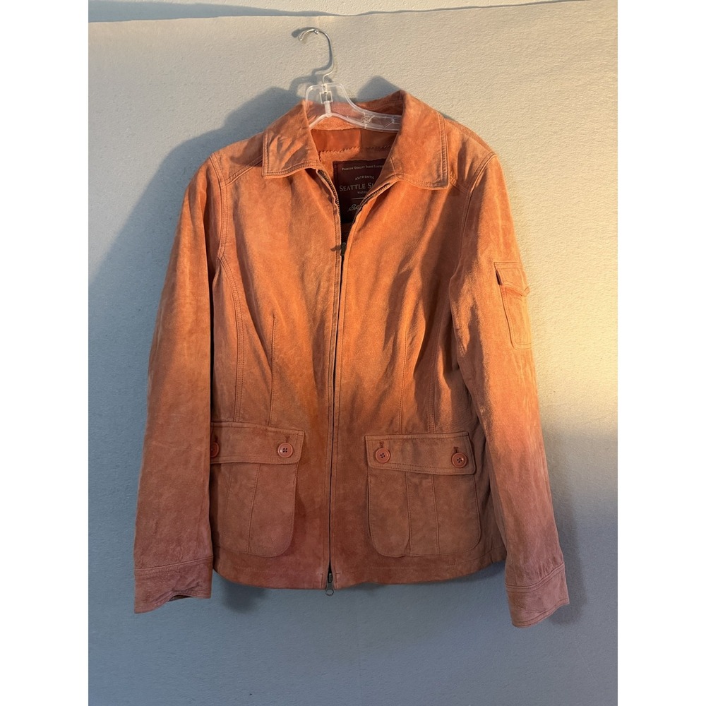 Eddie Bauer Jacket Womens Medium Orange Suede Seattle Suede Collared Zip Pockets